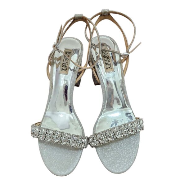 Badgley Mischka Nadine Jewel Block Heel Womens Silver Rhinestone Bridal Shoes - Picture 3 of 11